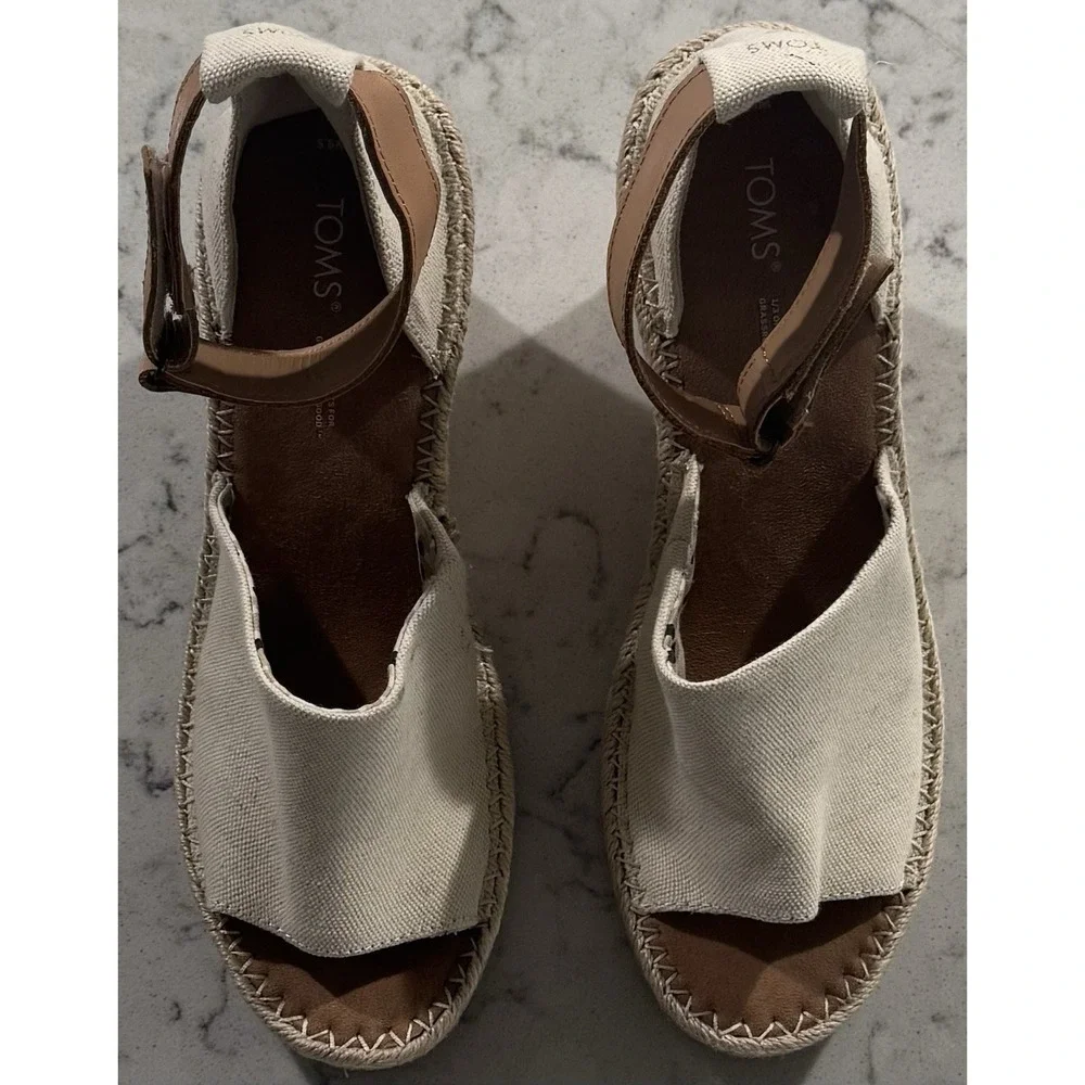 TOMS Marisol Natural Canvas Leather Ankle Strap Espadrille Wedge Sandal 9.5